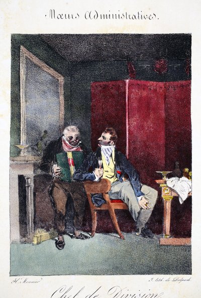 部長、Henri Monnierによる「管理マナー、自然の後に描かれた」のイラスト、パブDelpechによってリトグラフ。パリ、1828年頃（手塗りのリト） 作： Henri Bonaventure Monnier